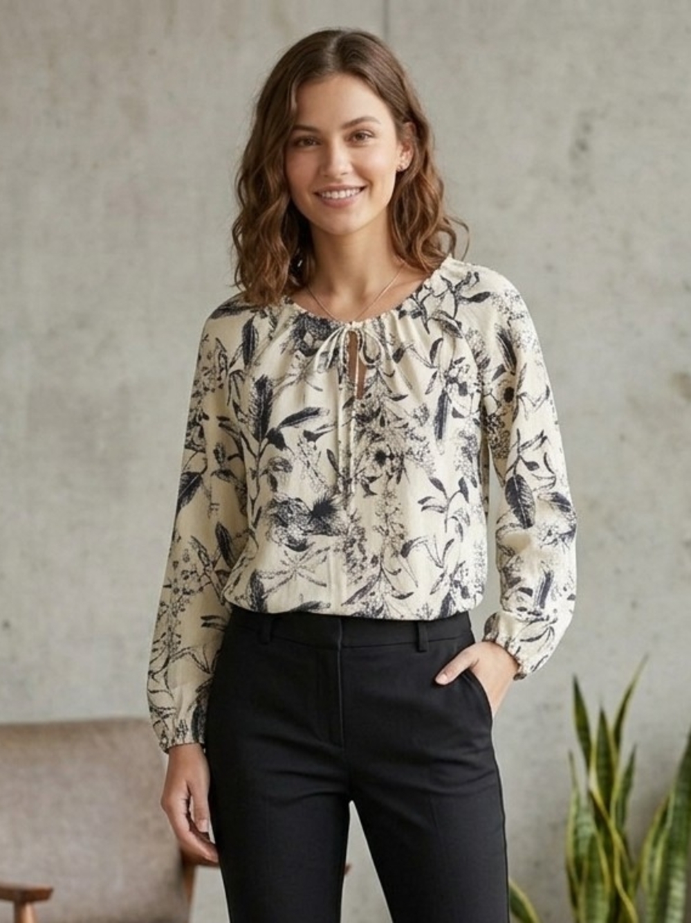 bohme Cream Blouse with Black Botanical Print and Tie Neck